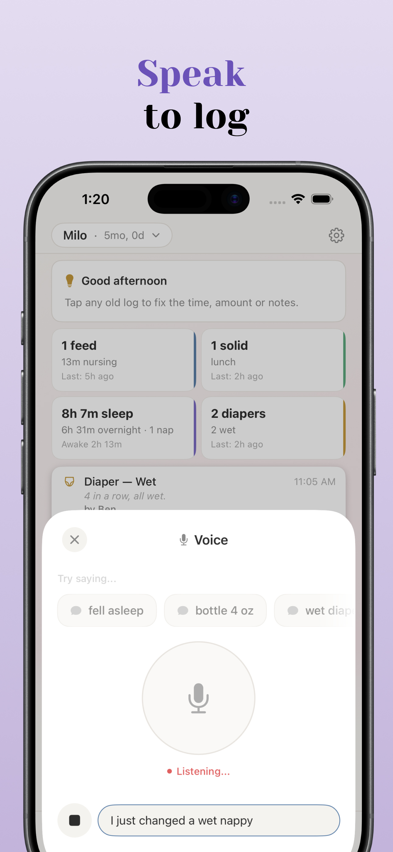 Wobble voice logging screen with the prompt "I just changed a wet nappy"