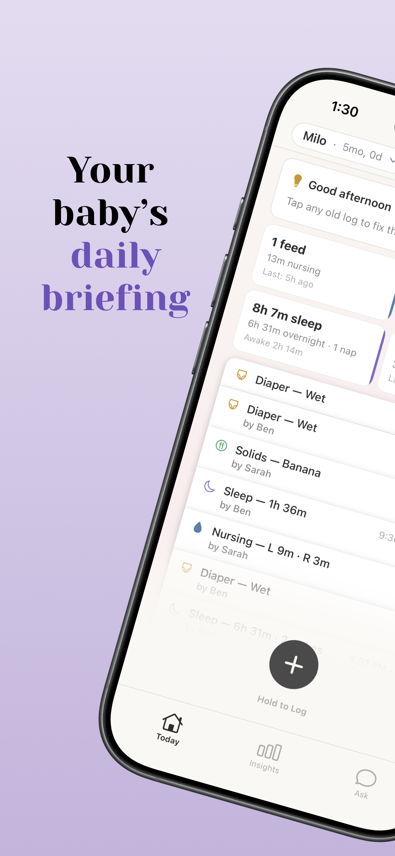 Wobble today screen — daily briefing, feed and sleep stats, and a timeline of logs by Ben and Sarah
