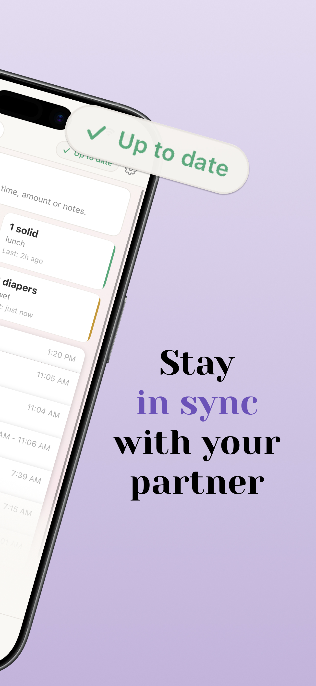 Wobble showing an "Up to date" sync badge above the log timeline