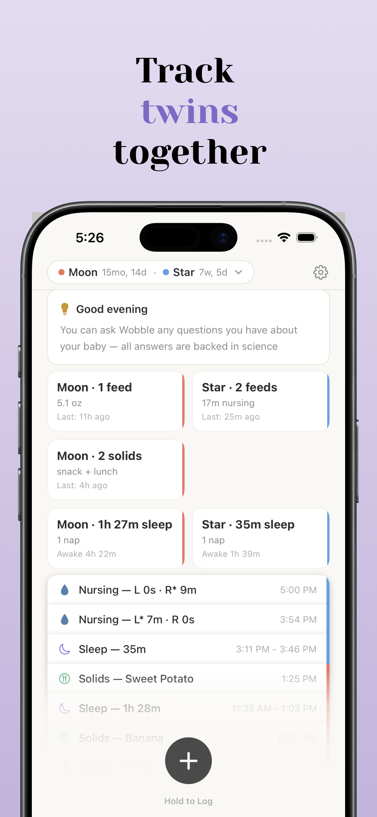 Wobble showing logs for two babies, Moon and Star, side by side